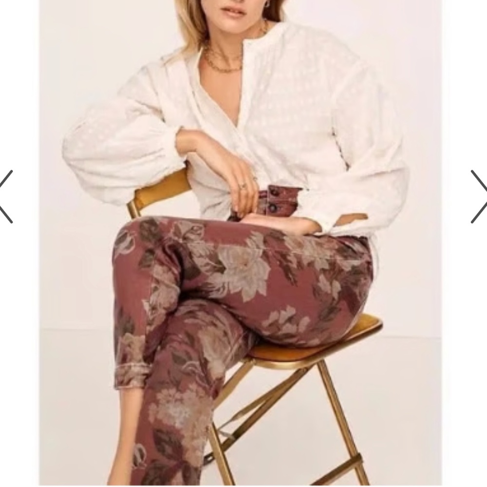 Pilcro Anthropology Ultra High Rise Slim Straight Burgundy Floral Cropped Pants